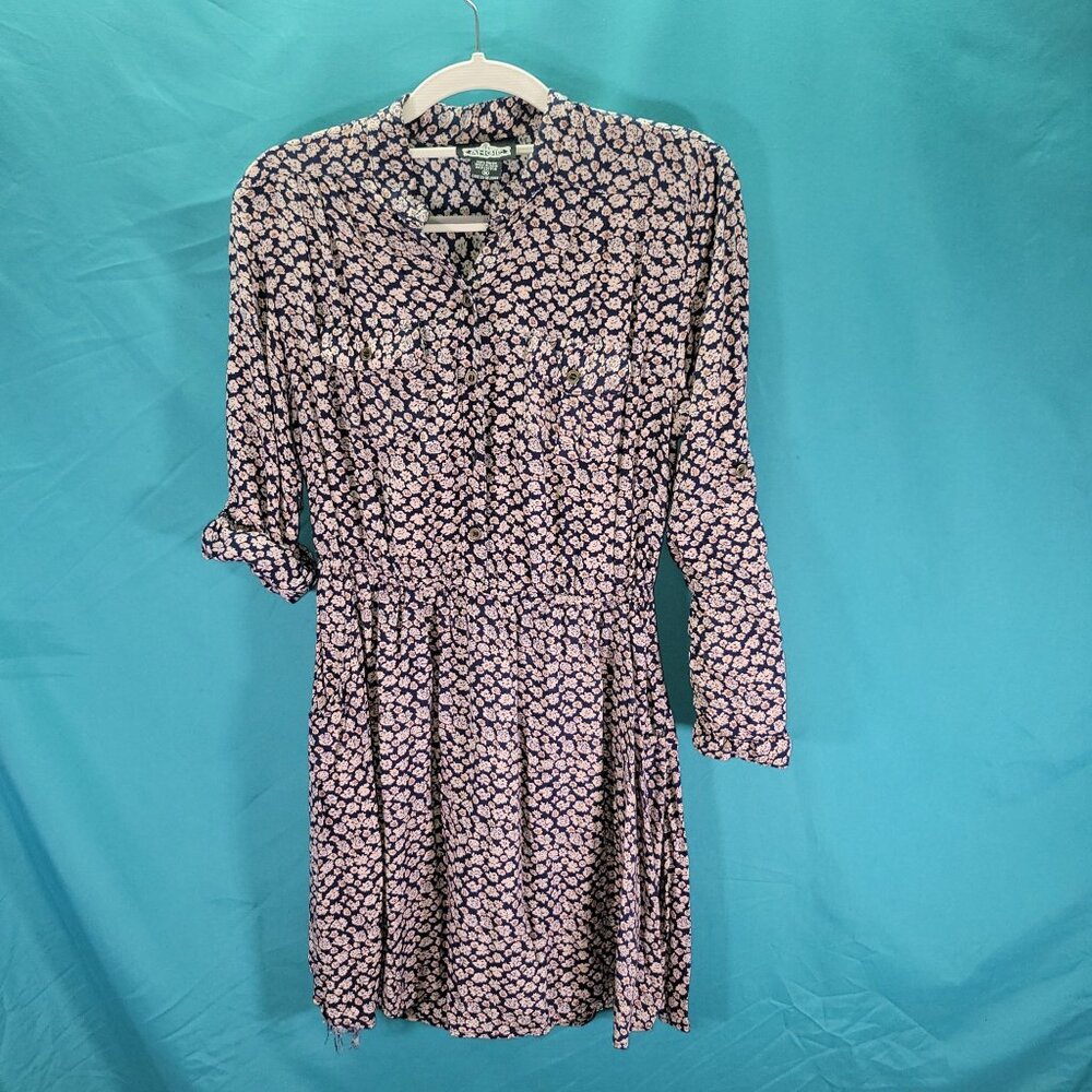 Floral Print Angie Dress Medium 100% Rayon Navy & Cream